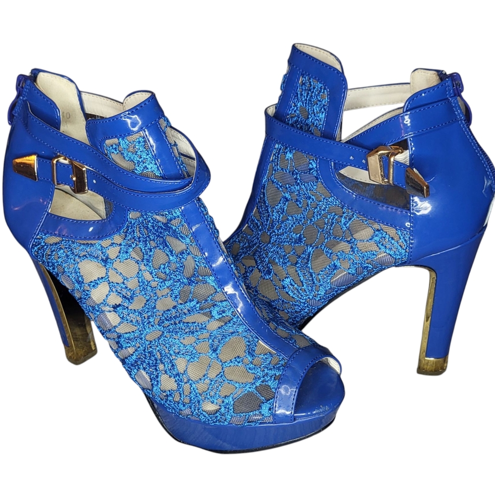 Blue Peep-Toe High Heel Ankle Boots